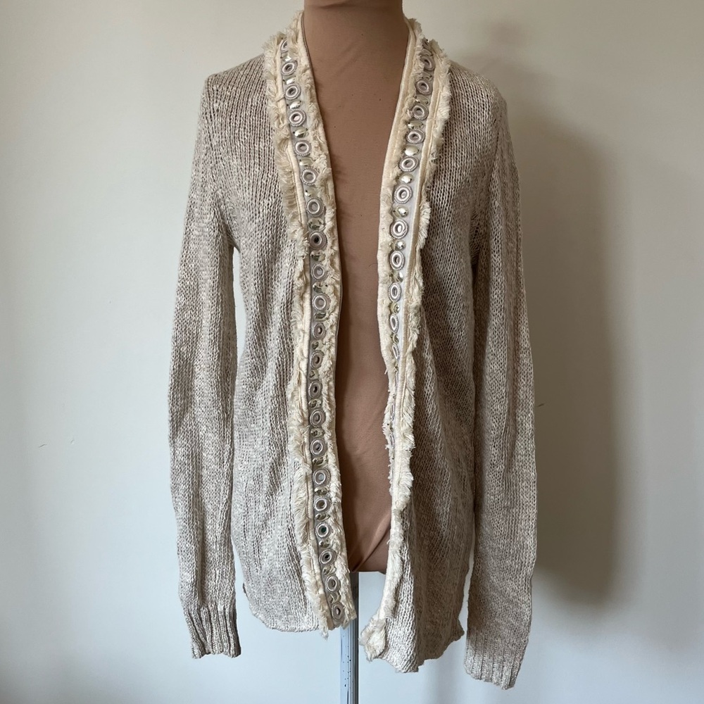 Tory Burch Cotton Linen Mirror Bead Embellished Tassel Knit Cardigan Sweater XS